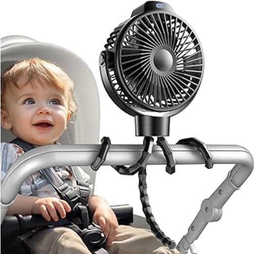 Koonie Portable Stroller Fan for Baby, Rechargeable Battery Operated, 3 Speeds, 360° Rotation, 25db Low Noise,Digital Display, Detachable Flexible Tripod Clip-on Car Seats, Tent, Crib, Treadmill