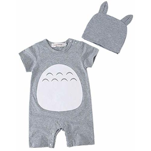 stylesilove Unisex Baby Boys Girls Grey Short Sleeve Cotton Romper with Hat 2pcs Cartoon Summer Outfit