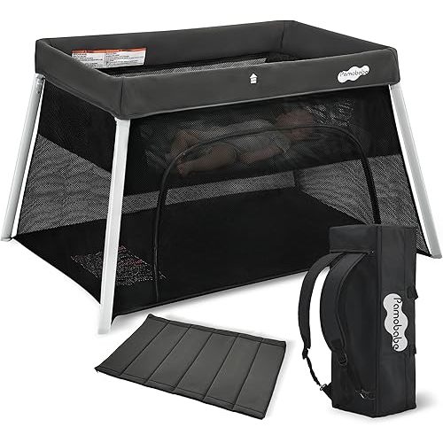 Pamo Babe Travel Pack and Play, Certified Baby Safe Travel Crib, Extra Large Portable Playpen with Mattress & Zipper Door, Portable Crib Lightweight Foldable Baby Travel Bed - Grey