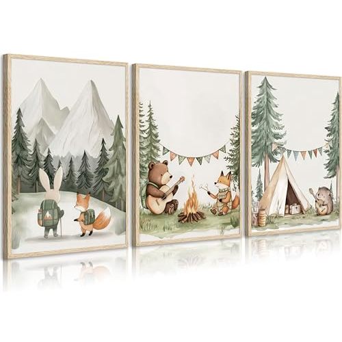 Woodland Animal Nursery Canvas Wall Art Fox Bear Rabbit Hedgehog Paintings Pictures Safari Nursery Wall Decor Forest Animals Camping Campfire Poster Print Artwork for Boys Kids Room Home Decoration