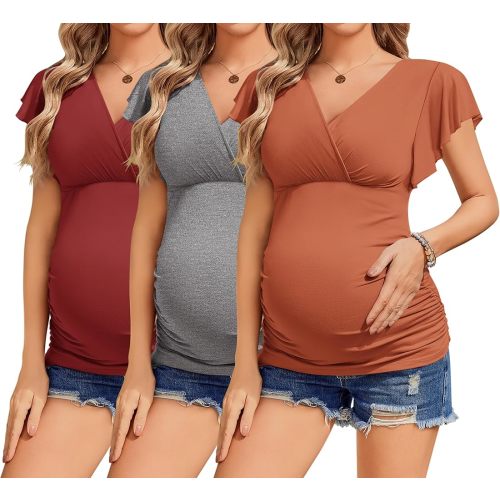 Ekouaer Women's Maternity Shirts 3 Packs Nursing Tops Flying Short Sleeve Breastfeeding Tees Side Ruched Pregnancy Clothes