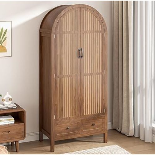Wardrobe Closet, Modern Armoire Wardrobe Closet with Drawers and 2 Arched Fluted Doors, 70.87‘’ Tall Wooden Bedroom Armoires with Shelves and Hanging Rod (1, Walnut)