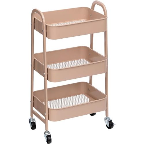 AGTEK Makeup Cart, Movable Rolling Organizer Cart, 3 Tier Metal Utility Cart with Lockable Wheels for Home & Office, Milk Tea