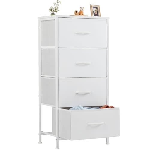 Sweetcrispy Nightstand Small Bedroom Dresser with 4 Fabric Drawers, Bed Side Furniture End Table, Wooden Top Cabinet Night Stand Dresser for Closet, Entryway, Dorm