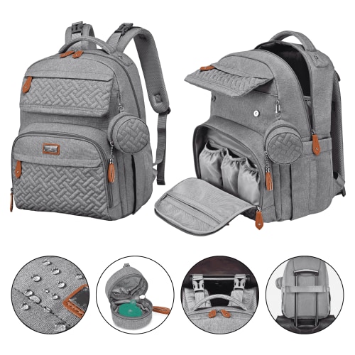 BabbleRoo Diaper Bag Backpack, Travel Backpack, Pacifier Case & Stroller Straps, Multifunction, Waterproof, Unisex – Light Gray