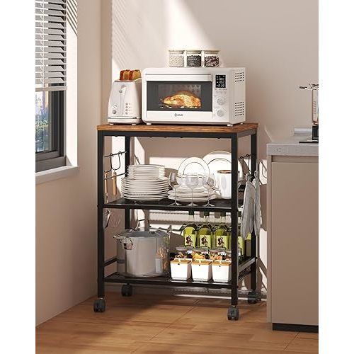 Kitchen Rolling Cart with Storage, 3 Tier Microwave Stand on Lockable Wheels, Small Utility Cart, Coffee bar&Tea Table, Organizer Shelves for Kitchen, Office, Living Room