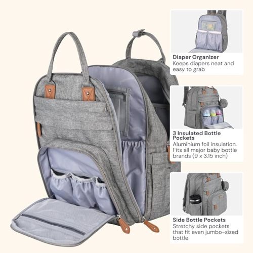 BabbleRoo Extra Large Diaper Bag Backpack, Expandable Baby Bag with Up to 50% More Capacity - Travel Essentials Baby Bag Tote with Changing Pad, Stroller Straps & Pacifier Case - Unisex, Light Gray
