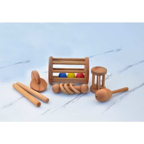 Montessori Wooden Rattle Set – Bell Cylinder, Interlocking Discs, Maracas, Rhythm Sticks Gift Set