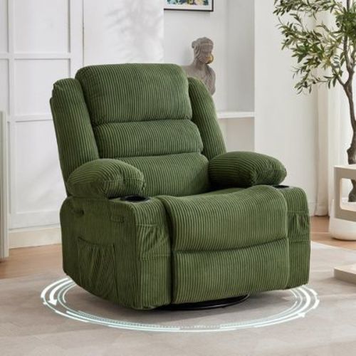 360° Swivel Rocking Recliner Chair with Cup Holder, Corduroy Upholstered Manual Recliner for Living Room Nursery - Green