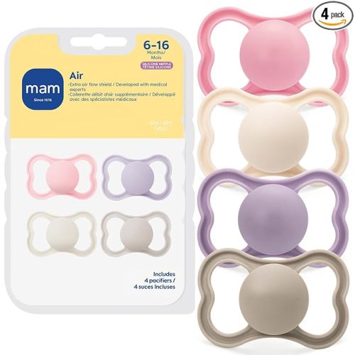 MAM Air Pacifier for Babies 6-16 Months, Extra Air Flow for Sensitive Skin, Developed with Medical Experts, BPA-Free Skin Soft Silicone, 4 Count, Made in Europe