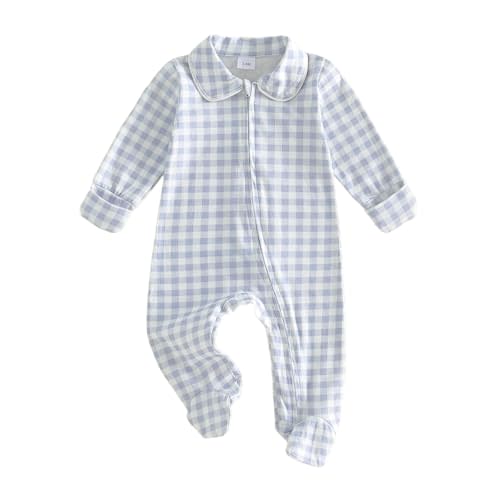 Seyurigaoka Newborn Baby Boy Girl Clothes Striped Footed Romper Peter Pan Collar Zipper Jumpsuit Going Home Outfit