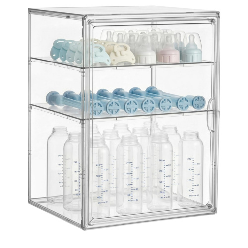 HBlife Baby Bottle Storage Organizer for Countertop Cabinet, 3 Tiers Adjustable Clear Acrylic Bottles Storage Station Case Box Container with 2 Removable Dividers and Magnetic Door, X-Large