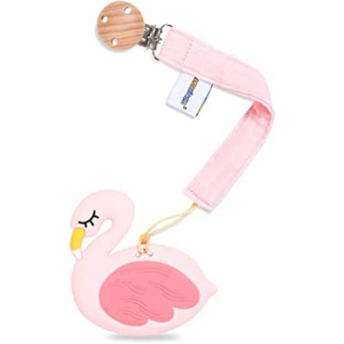 Baby Food Grade Silicone Teether Toy with Pacifier Clip Holder,Teething Pain Relief Toys Gift Set for 3 Months+ Boys and Girls,Freezer Safe,BPA Free (Pink Flamingo)