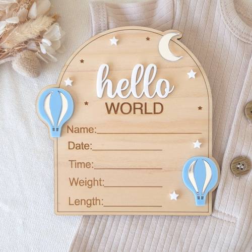 Hot Air Balloon Baby Announcement Plaque: Newborn Birth Details Photo Prop