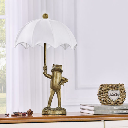23" Bronze Resin Frog Table Lamp With Linen Umbrella Shade | Wayfair