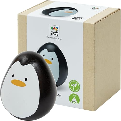 PlanToys® Penguin Wobbler Montessori Wooden Baby Sensory Toy for Tummy Time | Cause & Effect Developmental Toy for Babies 6+ Months