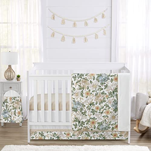 Sweet Jojo Designs 4-Piece Baby Crib Bedding Set (Blue Boho Vintage Floral) for Girls, Infants/Nursery incl. Blanket, Fitted Sheet, Skirt, Diaper Stacker (Shabby Chic Rose, Daisy, Bohemian Wildflower)
