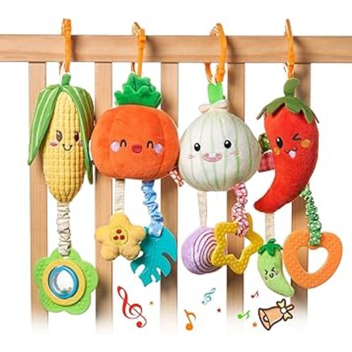 TUMAMA Hanging Baby Toys, 4 Pack Vegetable Crib Stroller Baby Gym Mobile Plush Toys, Early Baby Cognitive Sensory Hanging Rattle Toys with Teether. Suitable for Babies 0, 3, 6, 9, 12 Months