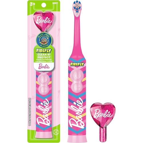 Firefly Clean N' Protect Barbie Toothbrush with Antibacterial Cover, Soft Bristles, Battery Included, Ages 3+, 1 Count