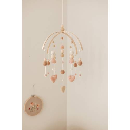 Blush and Beige Nursery Mobile - Girl Felt Ball & Heart Baby Mobile - Boho Nursery Cot Mobile - Peach Pink and Tan