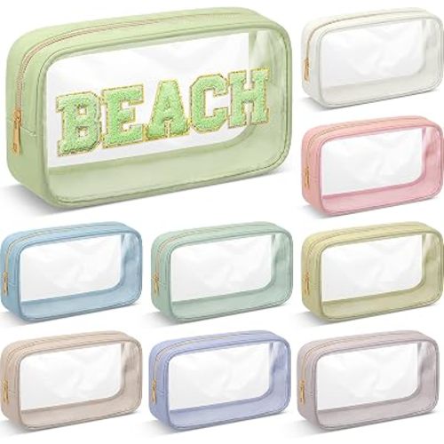 9 Pcs Preppy Clear Makeup Bag DIY Chenille Letter Pouch Large Nylon Makeup Bag Travel Toiletry Zipper Cosmetic Organizer Pouch PVC Bags for Women, 9.5 x 5.1 x 2.8 Inch (Morandi Color)