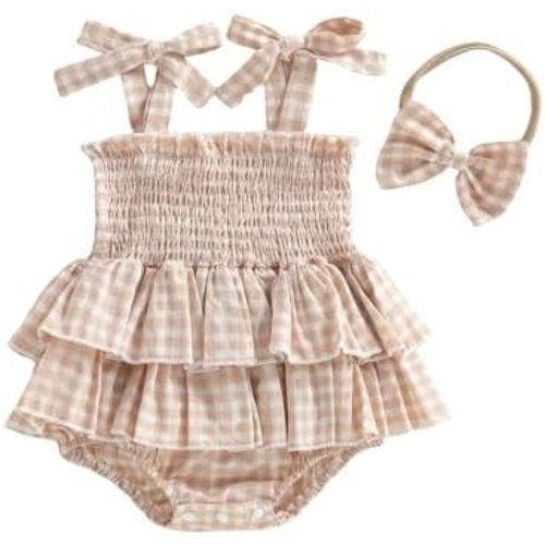 Newborn Baby Girl Romper Plaid Dress Cotton Linen Sleeveless Smocked Layered Ruffle Skirt Bodysuit Summer Clothes