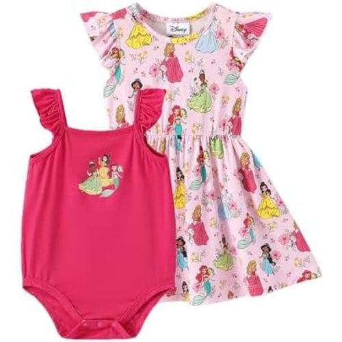 Disney Baby Girls Bodysuit and Round Neck Ruffle Sleeve Dress Clothes Outfit Set for Newborn to Infant