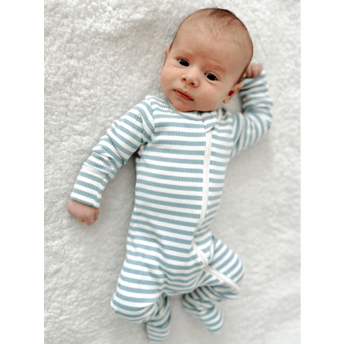 Dusty Blue Stripe / Organic Ribbed 2-Way Zip Romper
