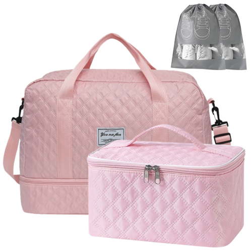 VEGCOO Travel Duffel Bag, Women's Weekender Bag with Shoe Compartment, Carry-On Travel Bag with Toiletry Bag and Shoe Bag, Gym Duffel Bag with Wet Pocket, Hospital Bag for Delivery Room, Pink