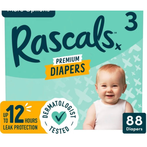 Free Shipping! Rascals Absorbent Baby Diapers Size 3 with Leak Protection, Hypoallergenic, 88 Count