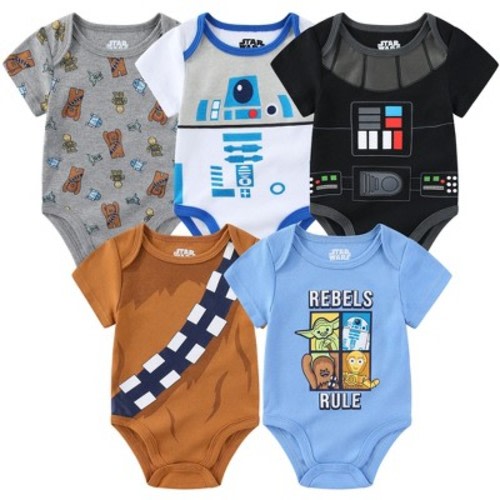 Star Wars Baby Boy's Chewbacca, Yoda, R2-D2, C3-PO, Troopers 5 Piece Bodysuit Creepers Bundle Set - Gray, Black, Brown, White, Blue