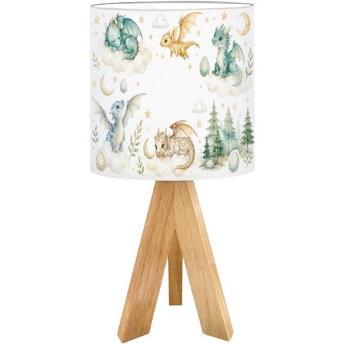 Tripod Bedside Desk Table Lamp Dragon Baby Animals Watercolor Wood Nightstand Lamp with Linen Fabric Shade for Nursery Bedroom Living Room Kids Room