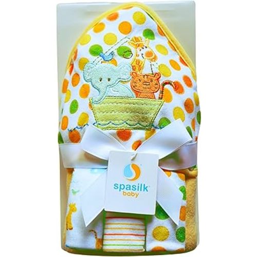 Spasilk Hooded Bath Towel and Washcloths Set for Newborns, 1 Soft Terry Baby Towel and 3 Baby Washcloths, Baby Essentials, Ideal, One Size, Yellow Ark
