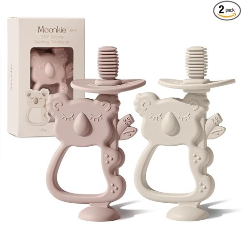 Moonkie Teething Toy Set of 2, Safe & Easy to Hold BPA Free Silicone Teethers, 360° Baby Toothbrush with Suction Base, Teether Toys Best for Babies 6-12 Months (Koala Blush/Shifting Sand)