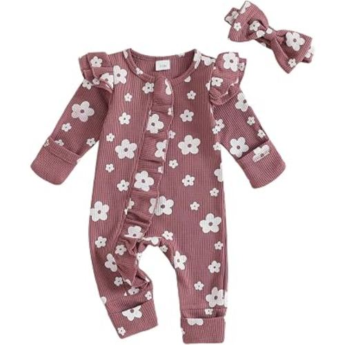 allshope Infant Baby Girl Fall Outfit Sweatshirt Romper Floral Print Long Sleeve Jumpsuit Newborn Waffle Clothes
