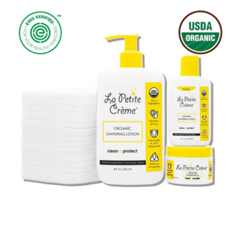 La Petite Creme Premium French Diapering Gift Set: Includes Organic Diapering Lotion (8 oz), Travel-size Liniment Baby Lotion (2 oz), 1 Travel-size Diaper Balm (1 oz), 50 Disposable Cotton Pads