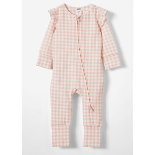 0-3m Pink/Gingham The Billie Long Sleeve Zip Romper