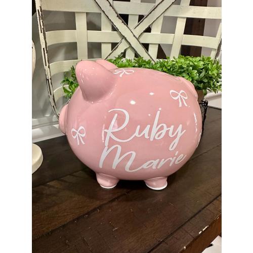 Custom Sweet Bow Ceramic Piggy Bank for Girls: Personalized Name or Birth Stats Nursery Decor