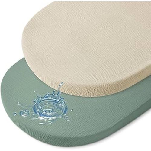 Baby Bassinet Sheets TPU Waterproof 2 Pack Soft Muslin Bedside Bassinet Mattress Sheets with Bottom Elastic Band for Baby Boy Girls Unisex Fit Hourglass Oval and Rectangle, Green Ivory