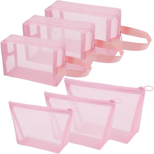 6 Pieces Zipper Mesh Makeup Bags Set, Nylon Cosmetic Bags Portable Clear Toiletry Bas Travel Organizer Bags for Office Travelling Organization (Pink, Assorted Size)