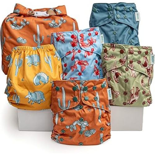 Kinder Cloth Diapers Reusable Baby Diapers Pocket Style Athletic Wicking Jersey, Wet Bag, Newborn to Potty Training 7-60lbs, One Size, Inserts NOT Included (Western Wildlife, 5 Pack, Without Inserts)