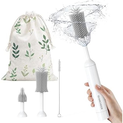 S02 Electric Bottle Brush Set, Portable Baby Bottle Brush Cleaner, AA Battery-Powered & IPX7 Waterproof, with Silicone Bottle/Nipple/Straw Brush, for Home & Travel (Pink)