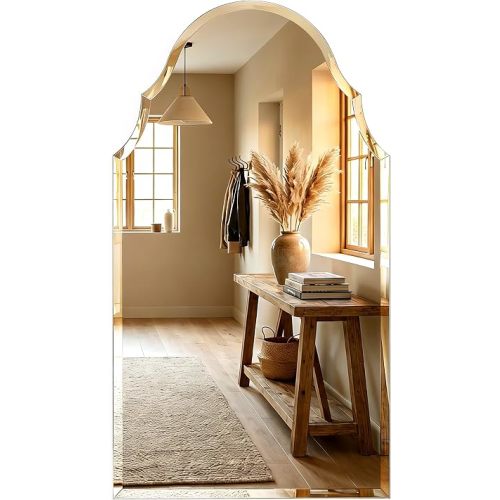 20x36 Inch Scalloped Arch Frameless Beveled Wall Mirror for Vanity