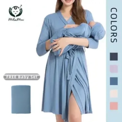 MilaMini Maternity Robe and Baby Receiving Blanket, Matching Mommy Labor Delivery Robe and Swaddle Set Denim blue,Plus Size S-XXL - TikTok Shop