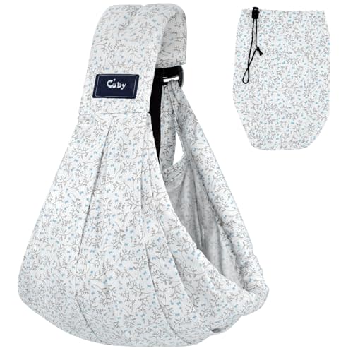 CUBY Wrap Baby Sling Carrier, Baby Wraps Sling Carrier Adjustable Breathable Lightweight Easy to Wearing - Baby Slings for Newborn Infant Toddler Front & Hip Carry Up to 40lbs (Blue Flower)