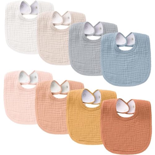 Konssy 8-Pack Muslin Baby Bibs, Adjustable Fit for Drooling and Teething