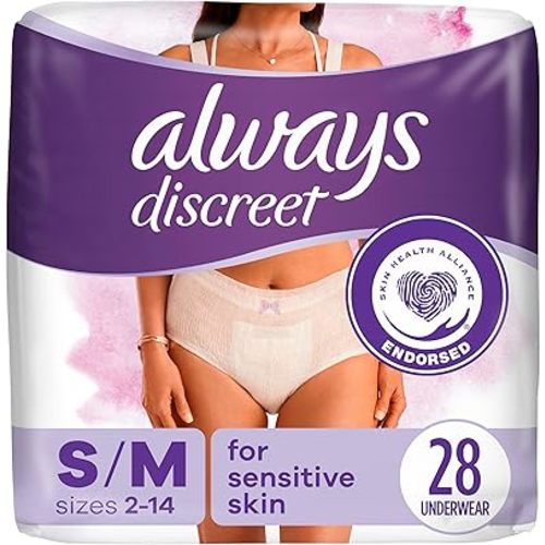 Always Discreet Sensitive, Incontinence & Postpartum Underwear for Women, Maximum Plus Protection, Small/Medium, 28 Count
