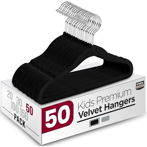 Utopia Home Kids Velvet Hangers 50 Pack – 11 Inch Non-Slip Baby Hangers for Baby and Toddlers, Durable Ultra-Slim Space-Saving Closet Organizers (Black)
