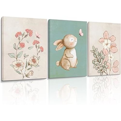Dytila Framed Nursery Wall Art Set of 3, Pink Flower Botanical Pictures Wall Decor, Green Bunny Paintings, Cute Animal Canvas Prints for Girls and Boys Kids Room, Baby Room Decor 12x16 Inches