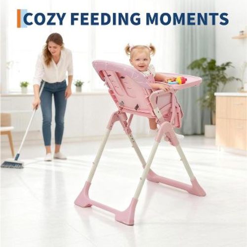 Baby High Chair, Foldable Feeding Chairs for Babies and Toddlers, Adjustable Height/Backrest/Footrest, Removable Tray, Fast Folding Kids Chair, Pink